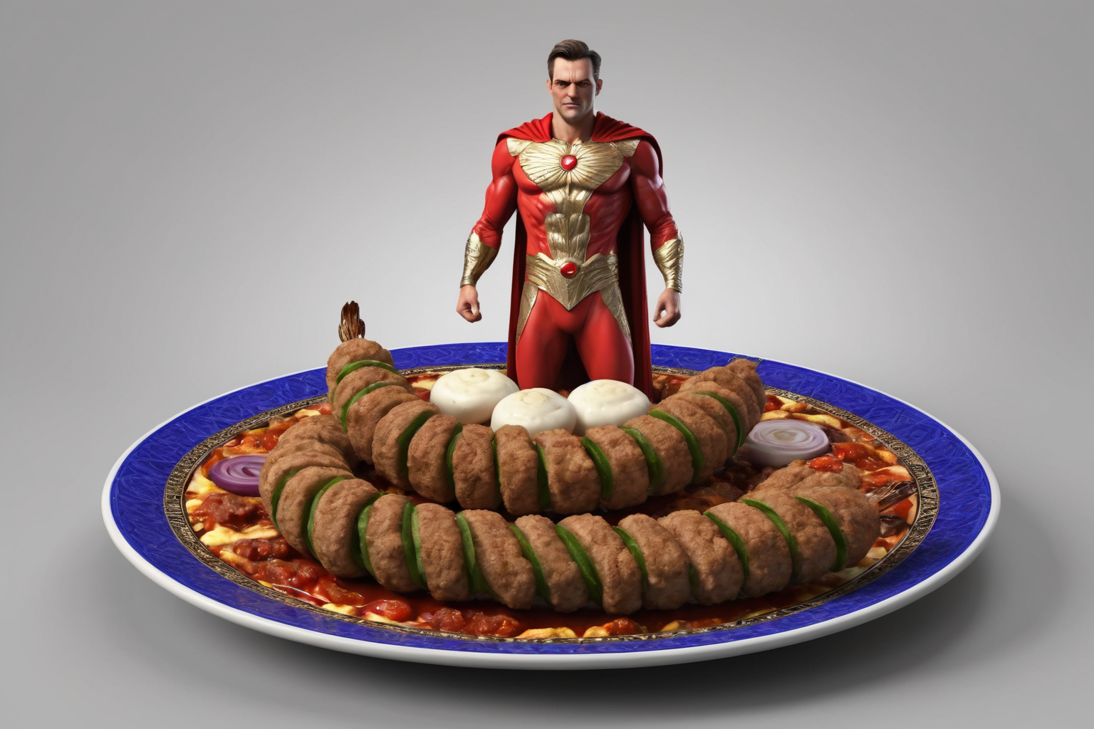 a-digital-rendering-of-a-man-in-red-and-gold-standing-on-a-plate-of-meatballs
