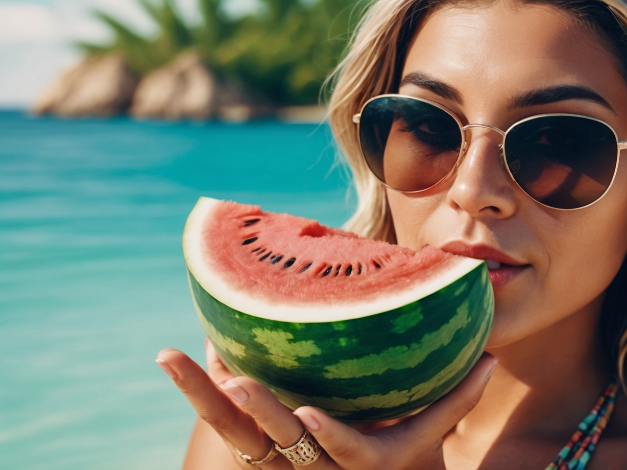 the-image-shows-a-young-woman-enjoying-the-beach-with-a-giant-slice-of-watermelon-she-is-wearing-sunglasses-and-a-colorful-neck