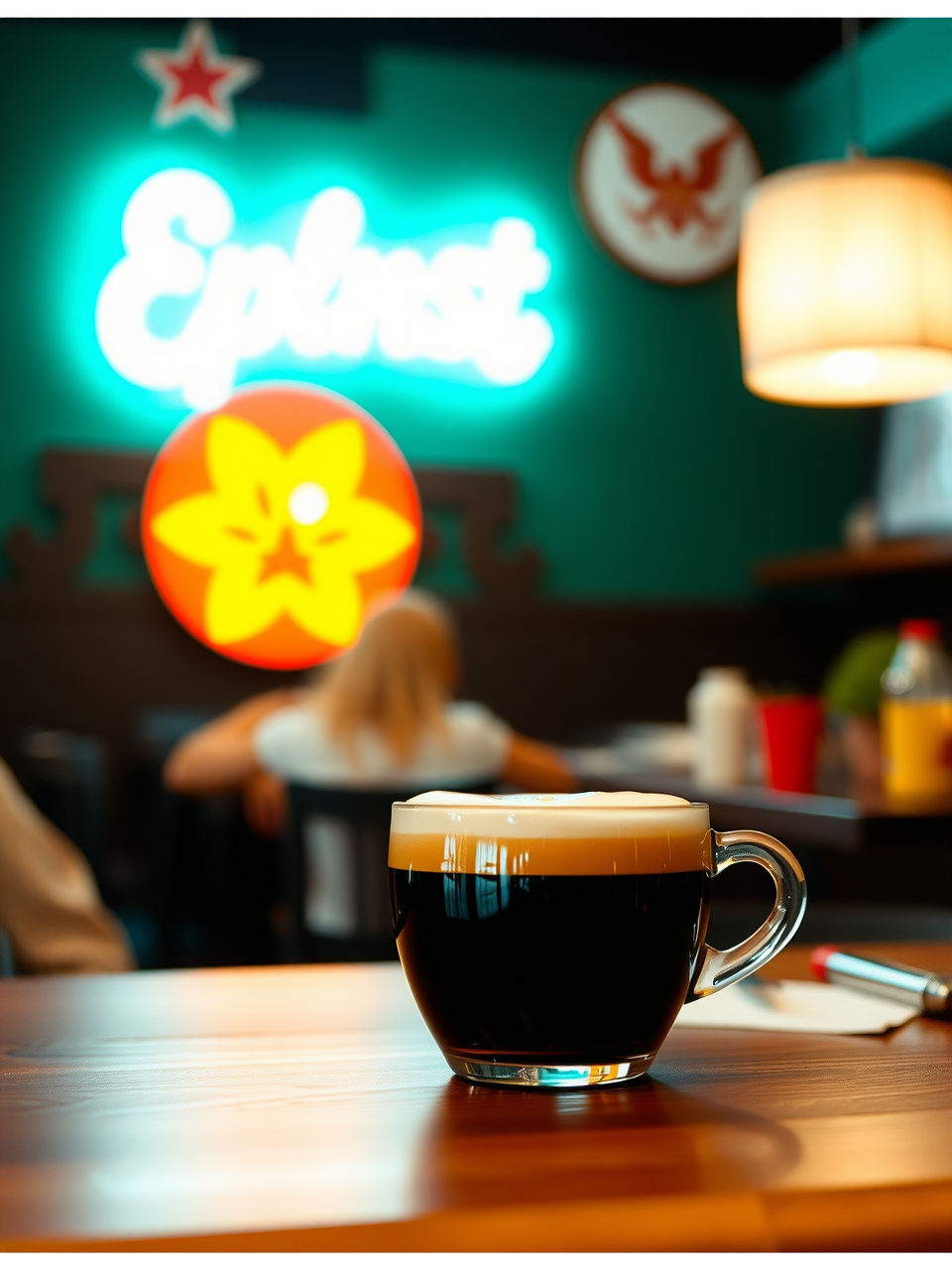 black-drink-in-a-glass-with-foam-on-topa-person-sitting-at-the-table-looking-away-from-the-camerathe-coffee-cup-is-next-to-a-pe