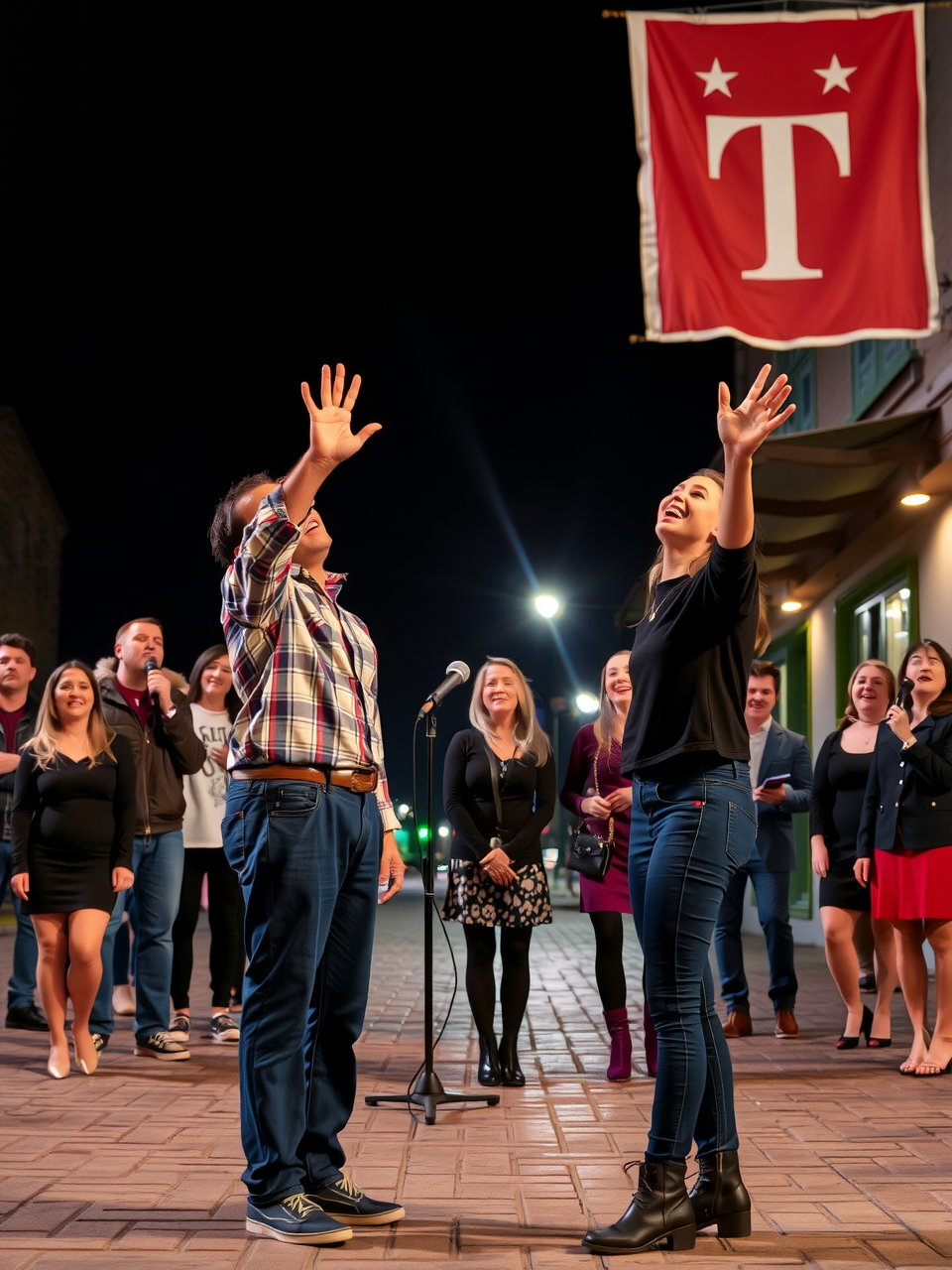 Singer stands in front of audience on stage at night