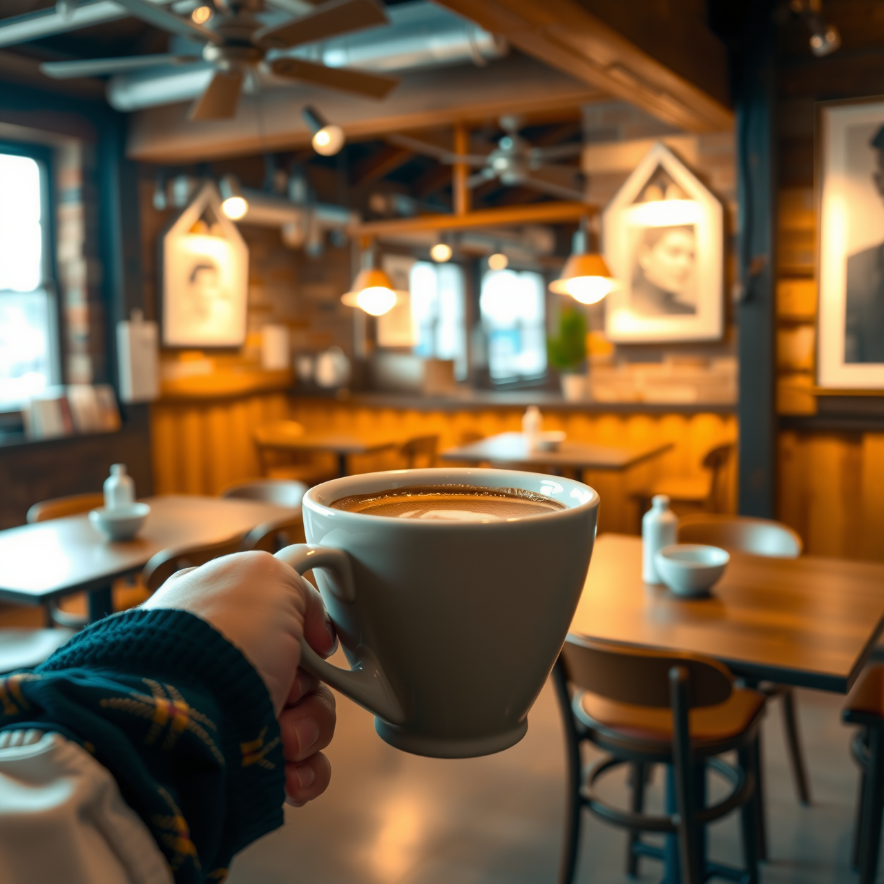 A hand holds a coffee cup over a table